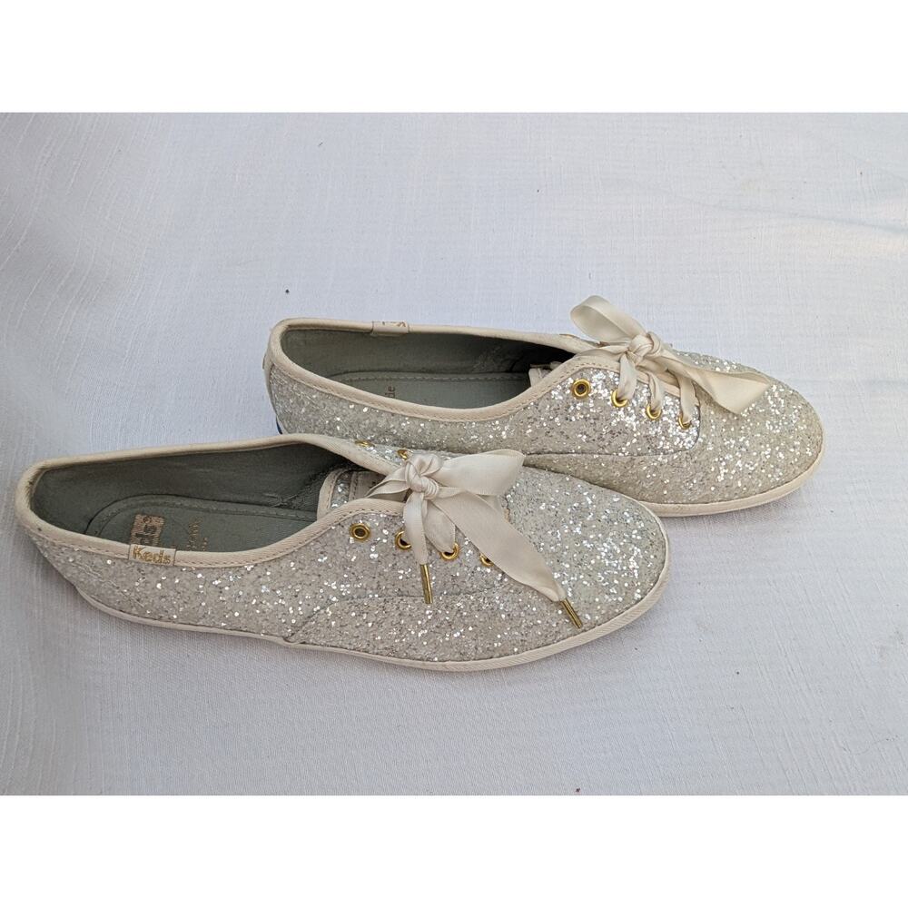 Keds Champion Kate Spade Womens Glitter Sneakers Size 8 Cream Satin Laces Swifty